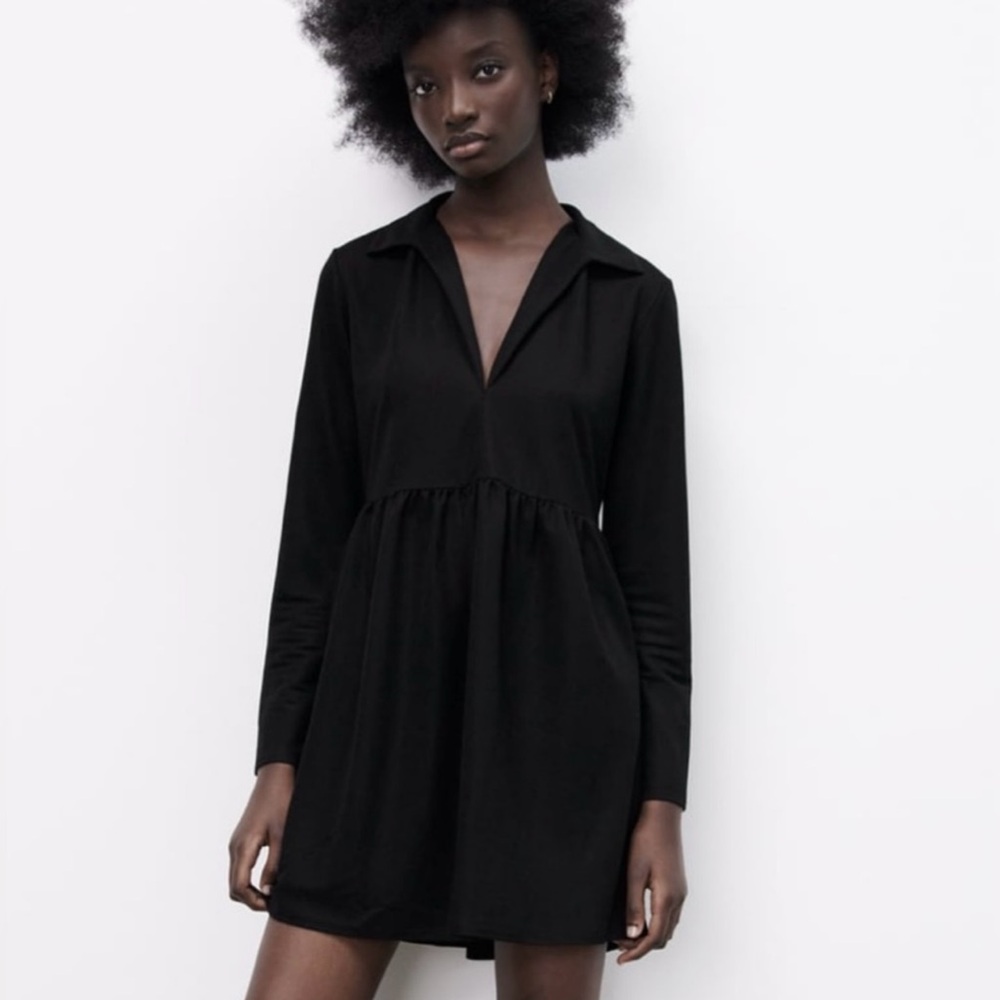 Zara mini A line black dress v-neck long sleeve size small empire waist